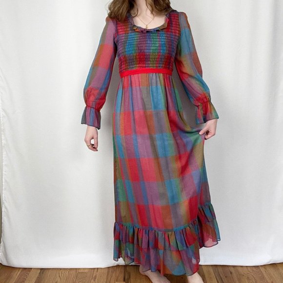 Vintage Cottagecore Puff Balloon Sleeve Plaid Tiered Ruffle Maxi Dress Handmade - Picture 5 of 7